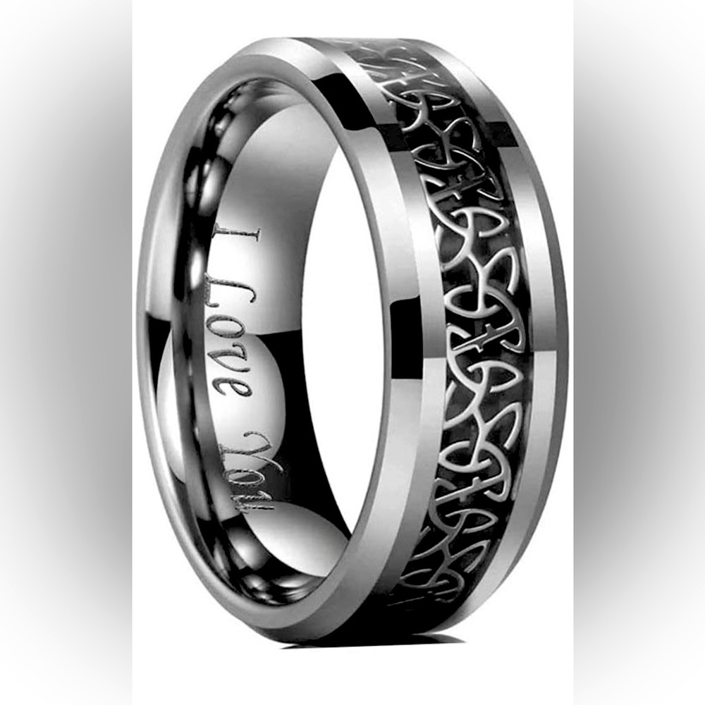 Black Tungsten Wedding Band 8mm Celtic Inlay Engraved I Love You Size 8